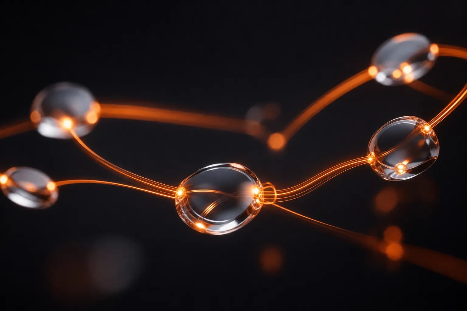 Translucent glass nodes connected by glowing orange light threads