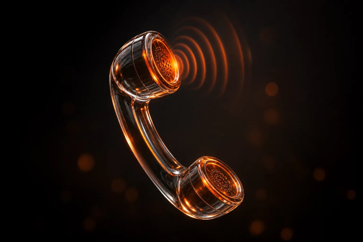 Translucent glass phone handset glowing with warm amber sound waves