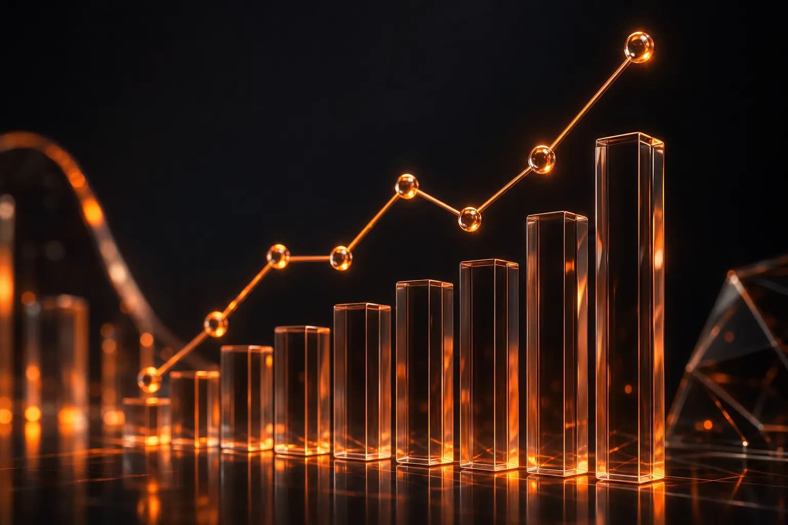Translucent glass bar chart and line graph glowing with warm amber light